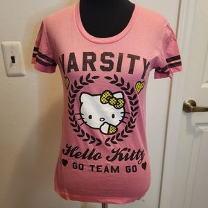 Hello Kitty Pink Varsity Black Lettering Gold Bow XSmall Short Sleeve Tee Shirt